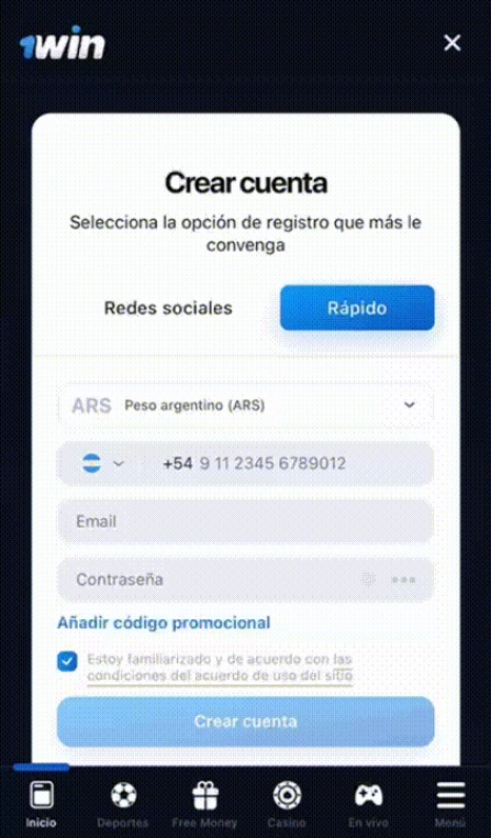 1Win proceso de registro y verificación